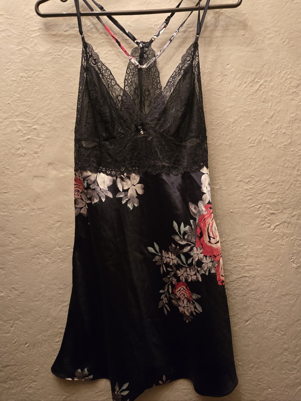 La Vie en Rose Black Floral Satin Lace Chemise Slip Dress M